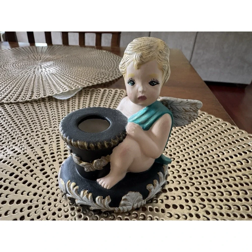 Scioto Ceramic Cherub Angel Candle Holder Hand Painted Teal Wings Black Gold